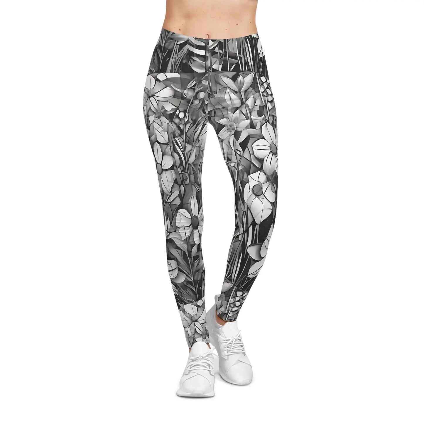Women's Floral Leggings: Monochrome Black & White Design Trendy Printify