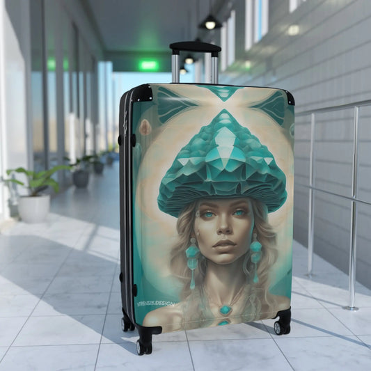 Teal Nautilus Art Deco Suitcase with Emerald Goddess Design Printify