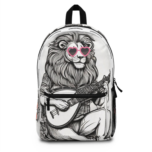 Stylish Lion Print Backpack with Pink Heart Sunglasses Unique Animal Design Durable School Bag Gift for Teens Colorable Lion Sings Tonight Printify