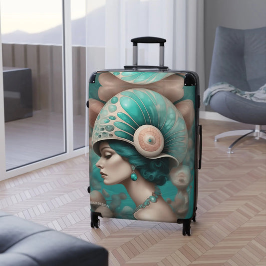 Teal Nautilus Art Deco Suitcase with Emerald Goddess Design Printify