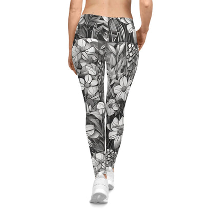 Women's Floral Leggings: Monochrome Black & White Design Trendy Printify