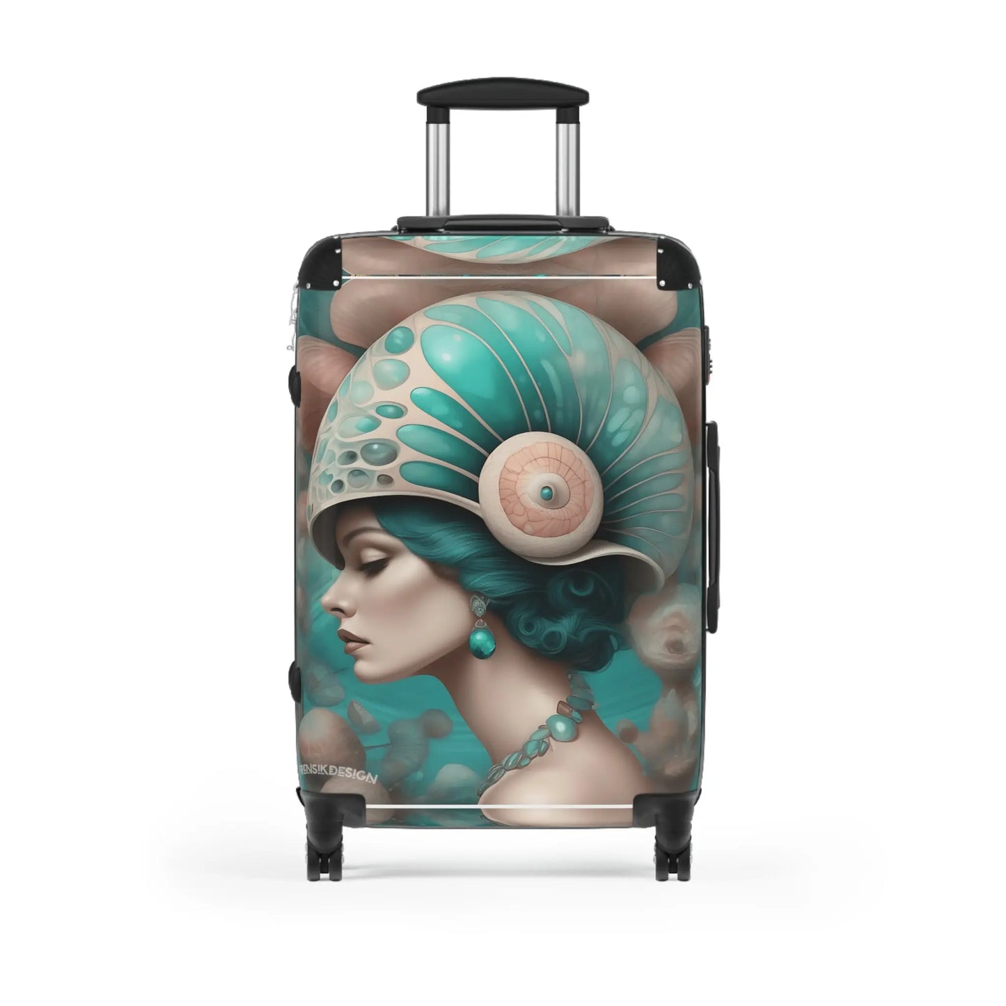 Teal Nautilus Art Deco Suitcase with Emerald Goddess Design Printify