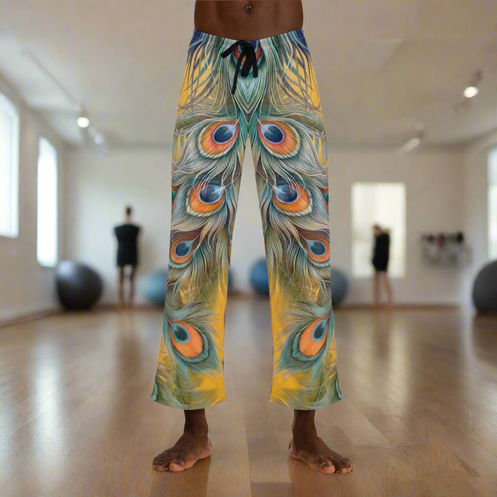 Men's Elegant Pajama Pants - Golden Peacock Design, Cozy Nightwear -  Premium Collection Printify