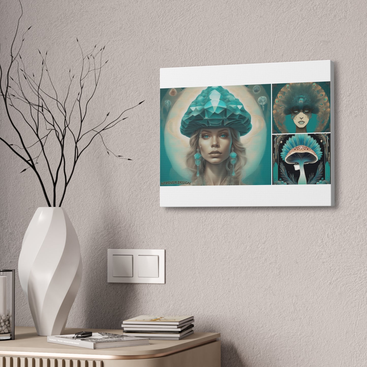 Teal Peacock Mushroom Goddess Decorative Wall Art Printify