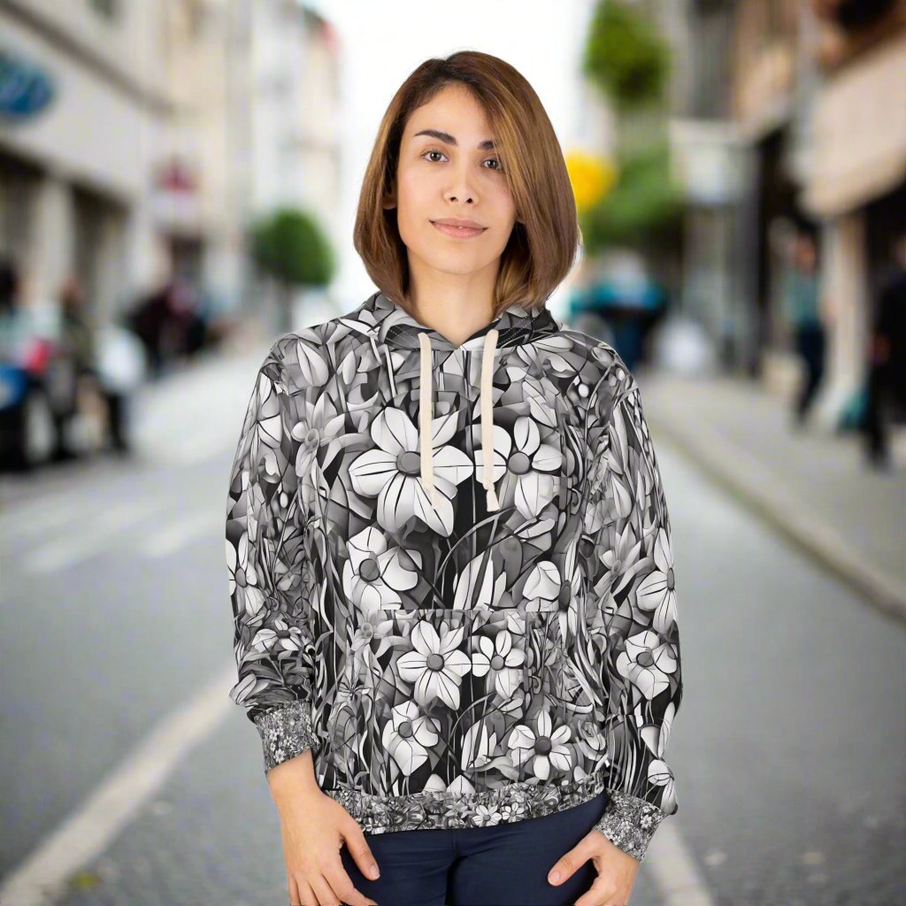 B & W Flower Print Cubism Unisex Pullover Hoodie, Cozy Printify