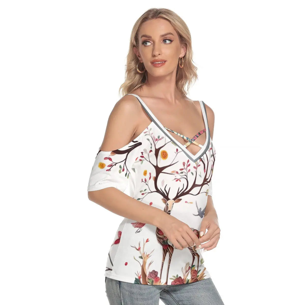 Stylish Women's Cold Shoulder Top with Deer and Bird Print - Casual V-Neck Tee with Strappy Detail, Perfect for Everyday Wear Yoycol