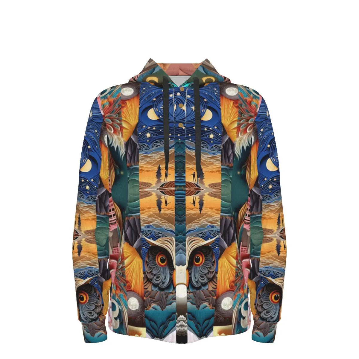 Unisex Vibrant Owl and Nature Pattern Hoodie  with Moon, Forest, and Mountain Design - Cozy and Stylish Yoycol