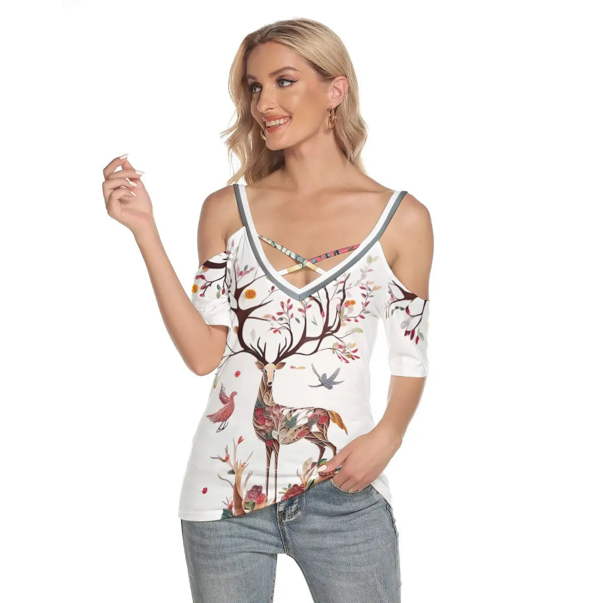 Stylish Women's Cold Shoulder Top with Deer and Bird Print - Casual V-Neck Tee with Strappy Detail, Perfect for Everyday Wear Yoycol