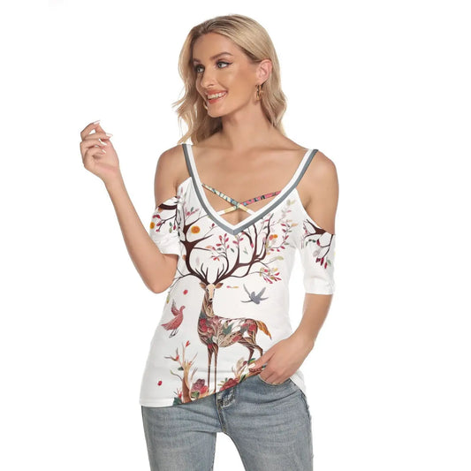 Stylish Women's Cold Shoulder Top with Deer and Bird Print - Casual V-Neck Tee with Strappy Detail, Perfect for Everyday Wear Yoycol