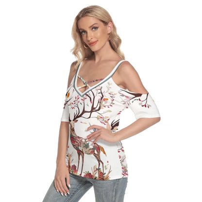 Stylish Women's Cold Shoulder Top with Deer and Bird Print - Casual V-Neck Tee with Strappy Detail, Perfect for Everyday Wear Yoycol