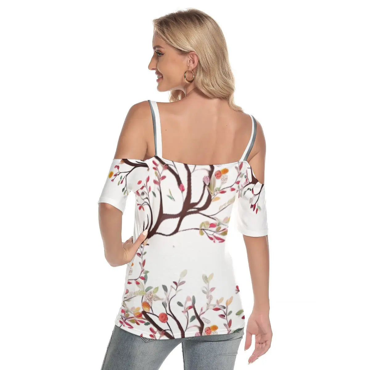 Stylish Women's Cold Shoulder Top with Deer and Bird Print - Casual V-Neck Tee with Strappy Detail, Perfect for Everyday Wear Yoycol