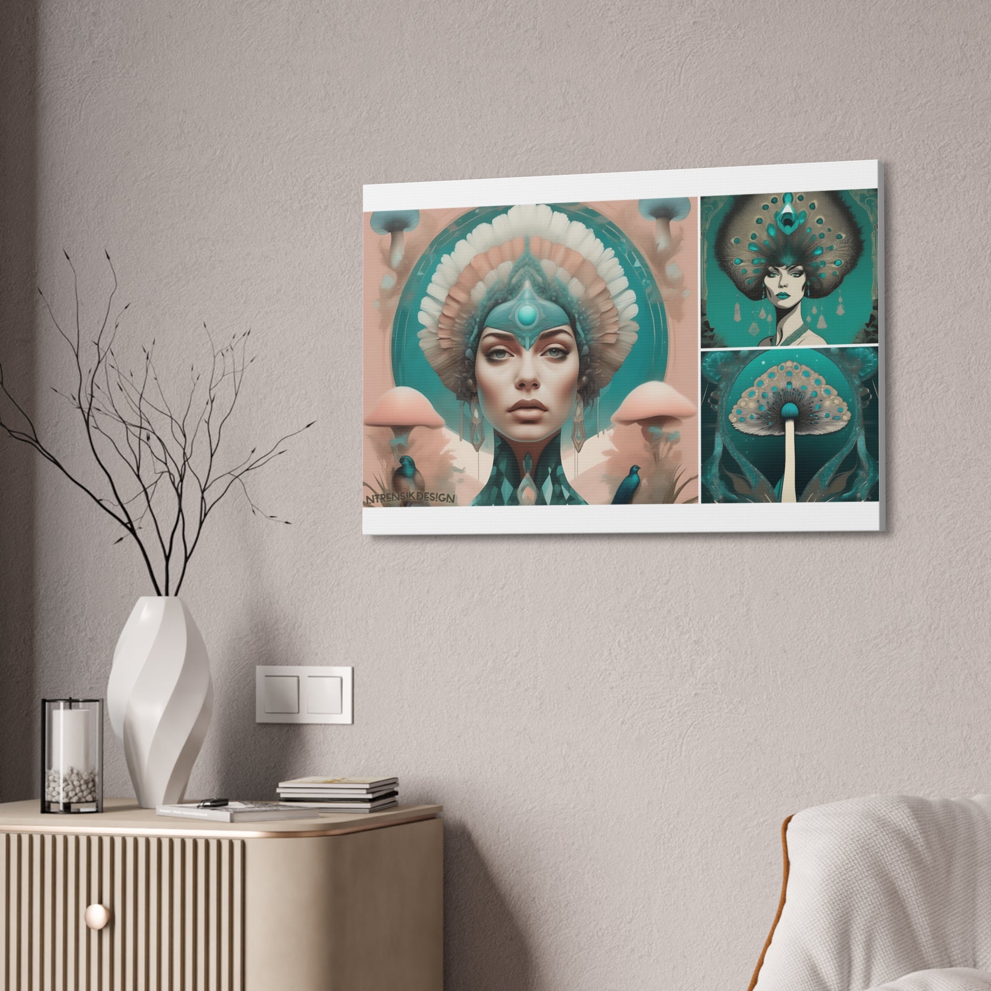 Teal Peacock Mushroom Goddess #4 Wall Art Deco - Bohemian Home Decor Printify