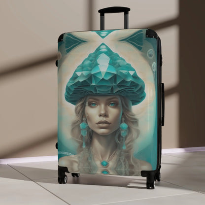 Teal Nautilus Art Deco Suitcase with Emerald Goddess Design Printify