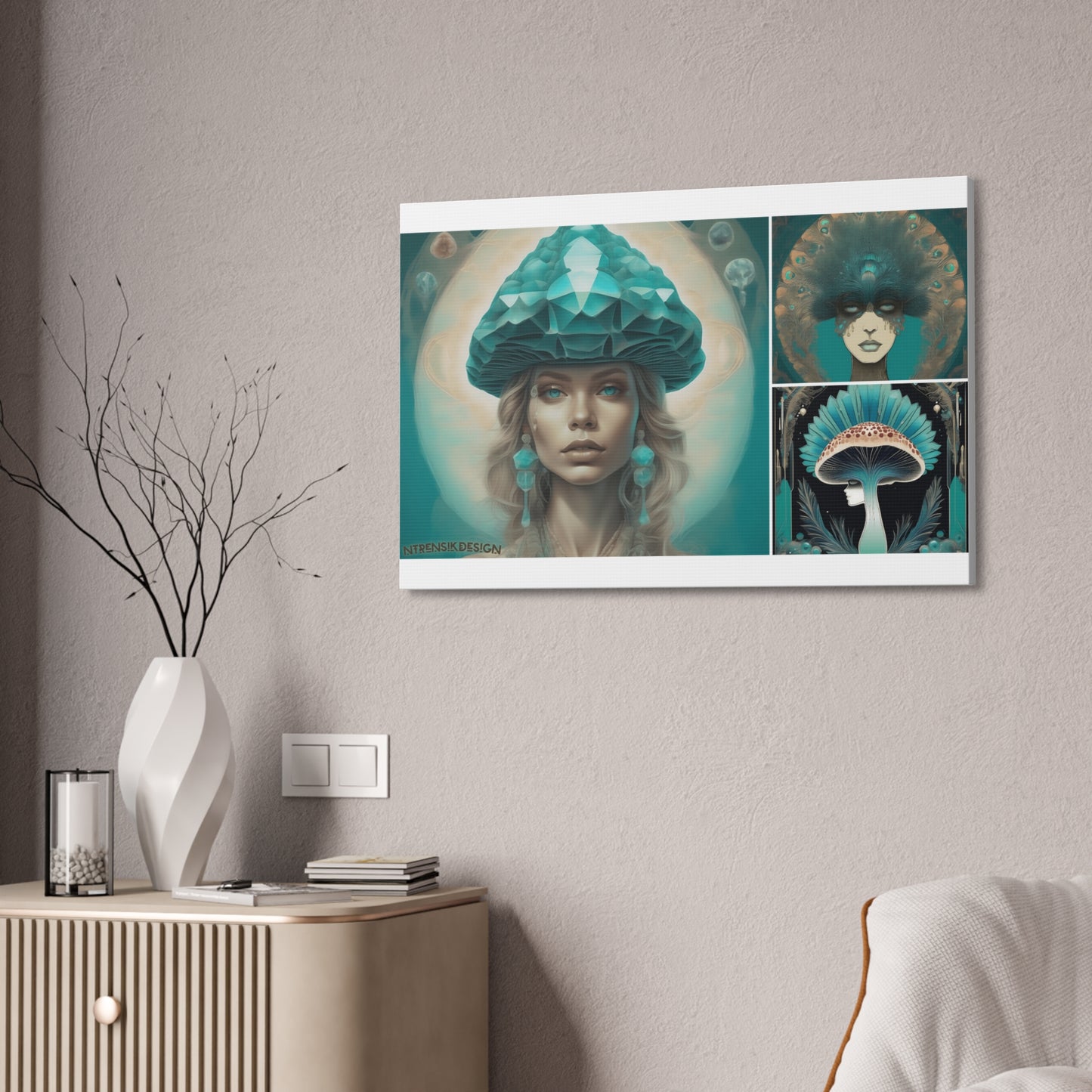 Teal Peacock Mushroom Goddess Decorative Wall Art Printify