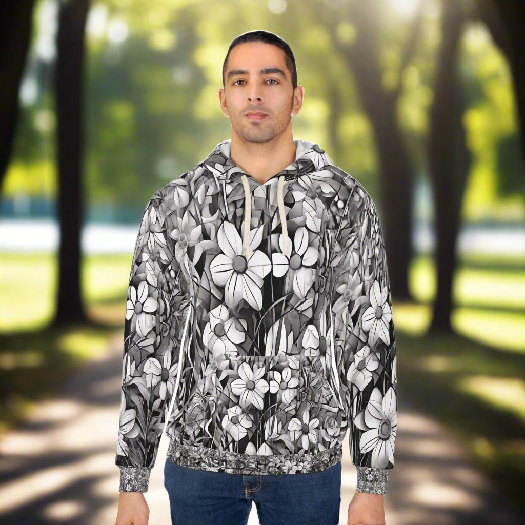 B & W Flower Print Cubism Unisex Pullover Hoodie, Cozy Printify