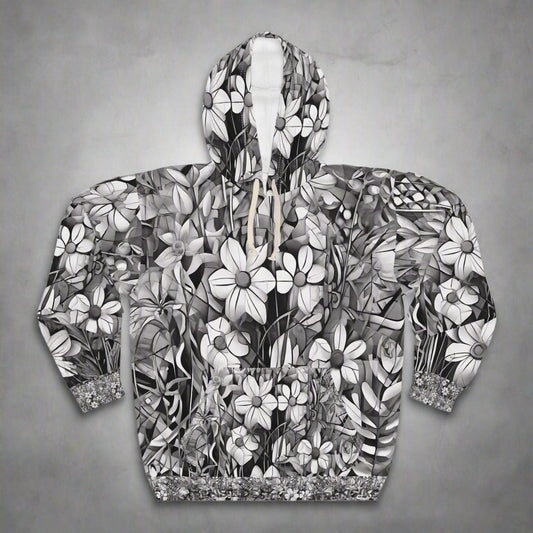 B & W Flower Print Cubism Unisex Pullover Hoodie, Cozy Printify