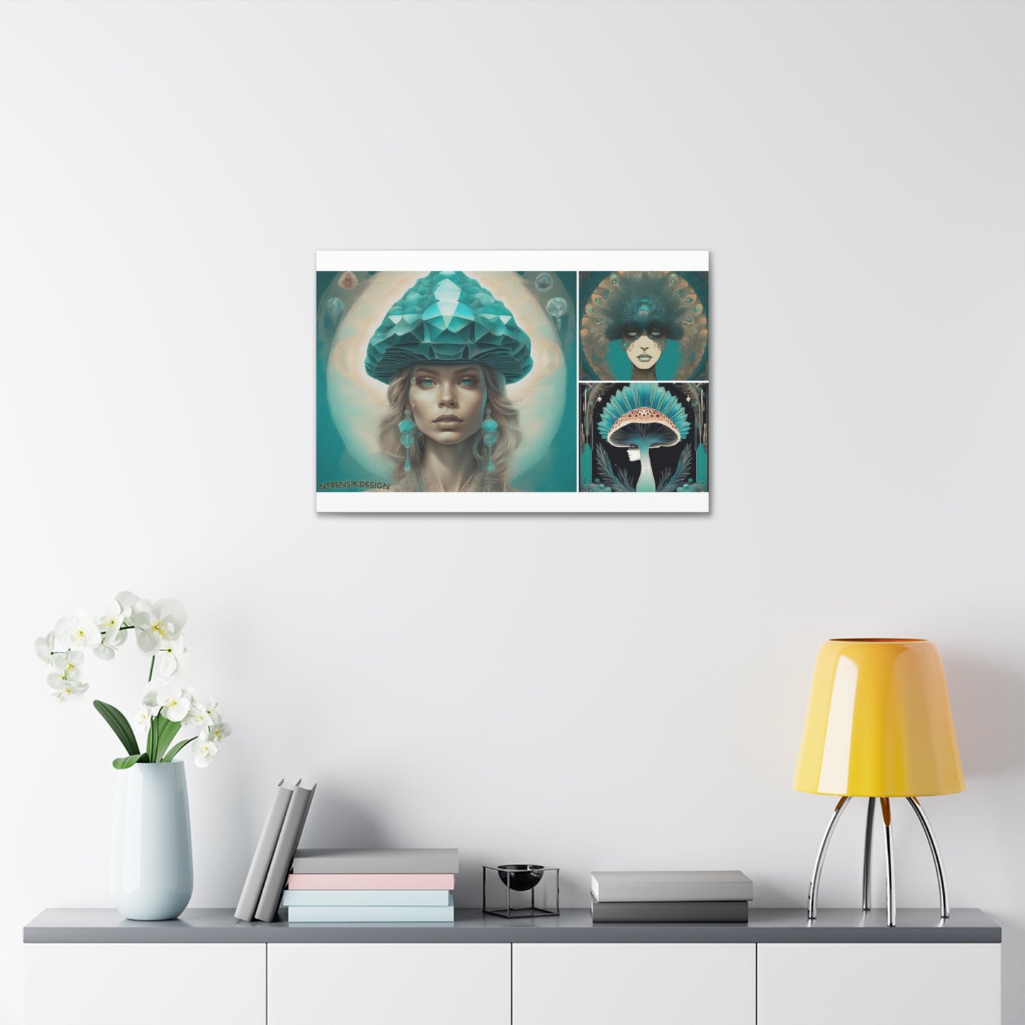 Teal Peacock Mushroom Goddess Decorative Wall Art Printify